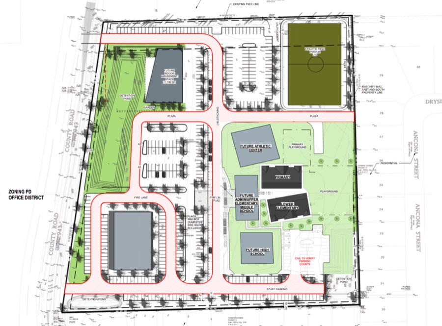 Site plan for the Excellence Academy Montessori campus, showing the five buildings, playing fields and parking